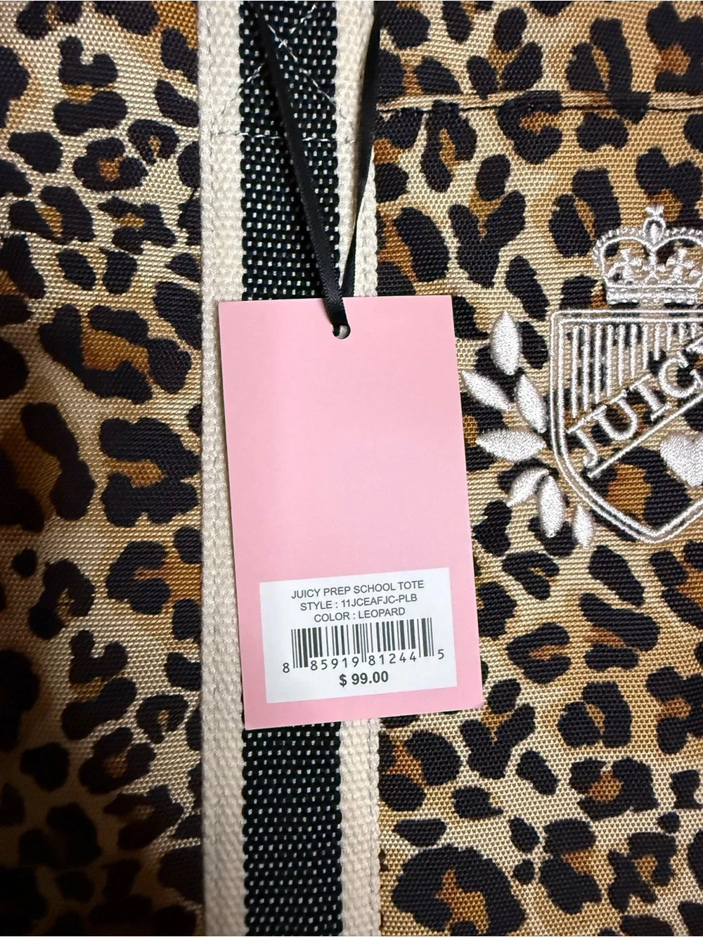Juicy Couture Leopard-Print Tote with Black & Cream Striped Handles